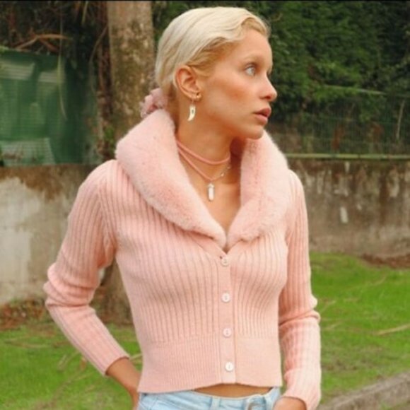 Zara Pink Faux Fur Collar Knit Cardigan 